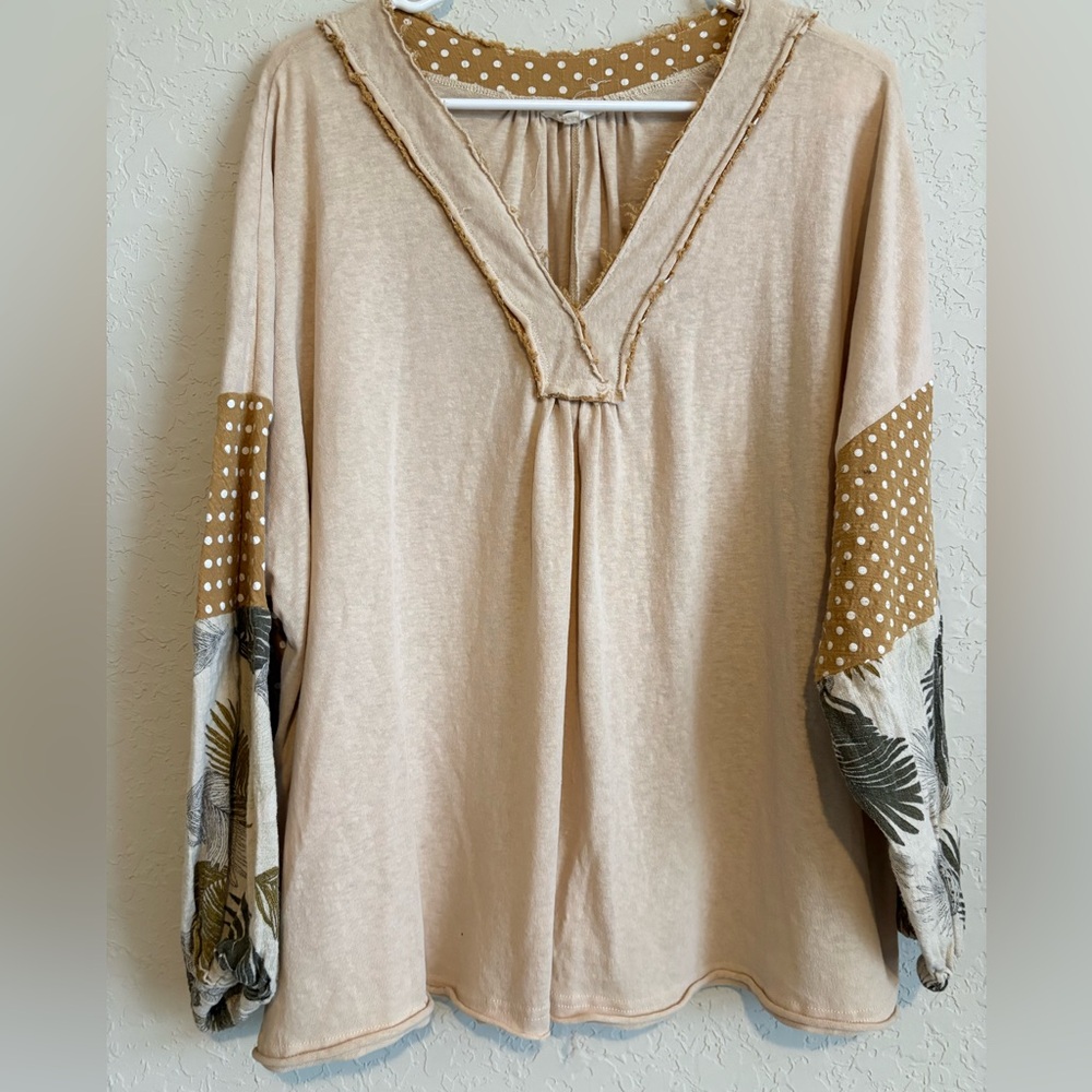 easel Beige Patchwork V-Neck Boho Tunic with Polka Dot & Botanical Sleeves